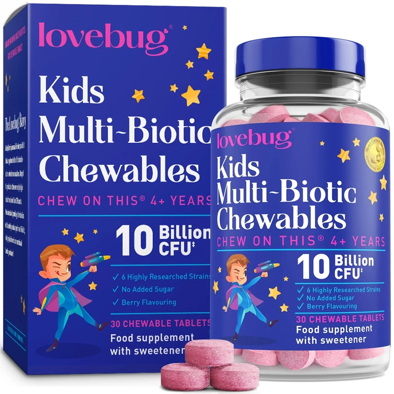 Lovebug Kids Probiotic Chewables - 10 Billion CFU with Prebiotics - Friendly Bio Cultures for Children & Toddlers (Age 4+) - 30 Chewable Berry Flavour Tablets - Gentle Support for Childrens Gut Health