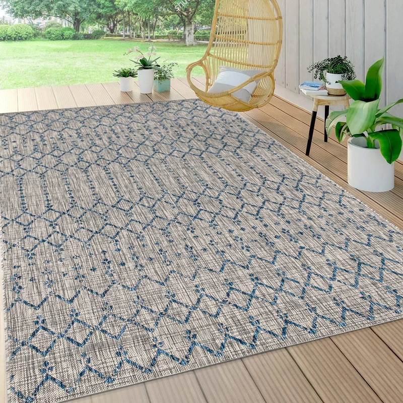 JONATHAN Y SMB108A-5 Ourika Moroccan Geometric Textured Weave Indoor Outdoor Area Rug, Bohemian, Sc&inavian Easy Cleaning, Bedroom, Kitchen, Backyard, Patio, Non Shed, Light Gray/Navy, 150 cm X 240 cm