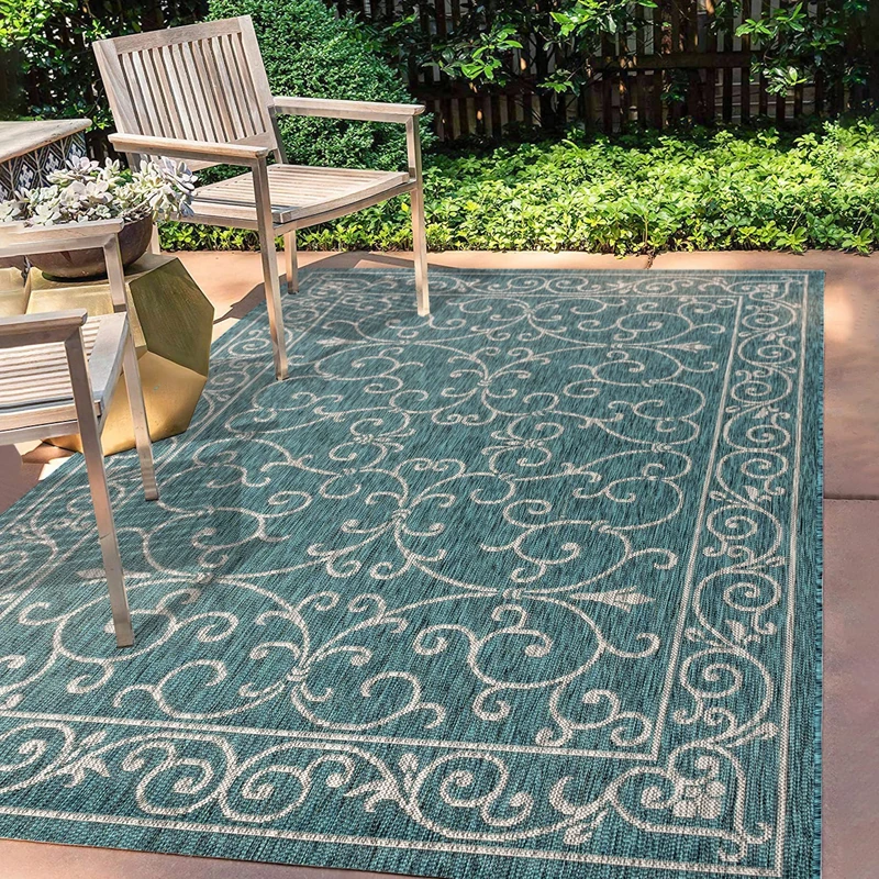 JONATHAN Y SMB106F-8 Charleston Vintage Filigree Textured Weave Indoor Outdoor Area Rug, Classic, Traditional, Easy Clean, Bedroom, Kitchen, Backyard, Patio, Non Shed, Teal/Gray, 240 cm X 300 cm