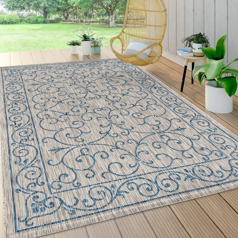 JONATHAN Y SMB106C-5 Charleston Vintage Filigree Textured Weave Indoor Outdoor Area Rug, Classic, Traditional, Easy Cleaning, Bedroom, Kitchen, Backyard, Patio, Non Shed, Gray/Navy, 150 cm X 240 cm