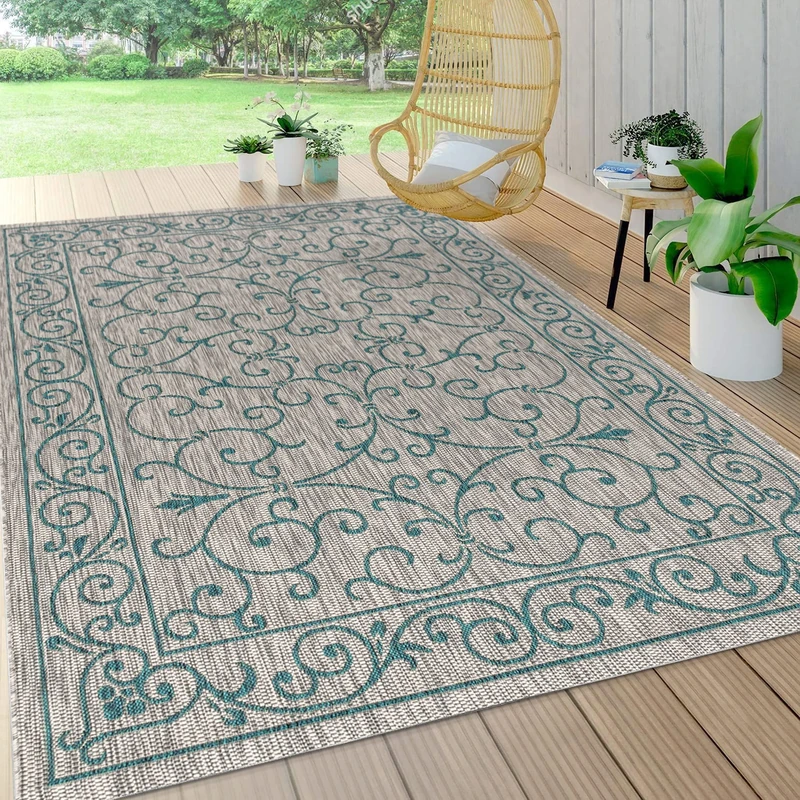 JONATHAN Y SMB106E-8 Charleston Vintage Filigree Textured Weave Indoor Outdoor Area Rug, Classic, Traditional, Easy Clean, Bedroom, Kitchen, Backyard, Patio, Non Shed, Gray/Teal, 240 cm X 300 cm