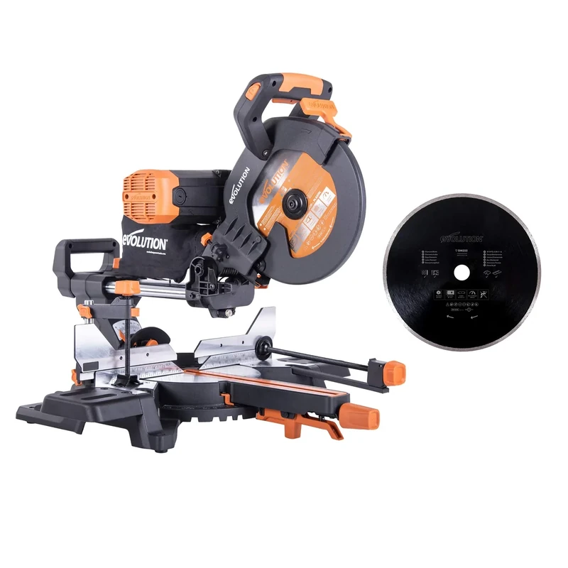 Evolution Power Tools R255SMS-DB+ Multi-Material Double-Bevel Sliding Mitre Saw, 255 mm, (110 V) with 255 mm Diamond Blade