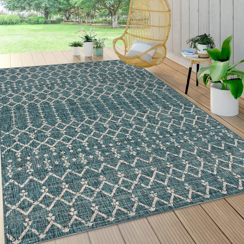 JONATHAN Y SMB108C-8 Ourika Moroccan Geometric Textured Weave Indoor Outdoor Area Rug, Bohemian, Sc&inavian Easy Cleaning, Bedroom, Kitchen, Backyard, Patio, Non Shed, Teal/Gray, 240 cm X 300 cm