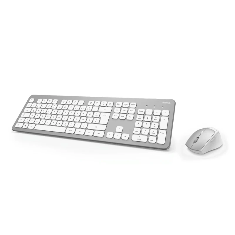 Hama Wireless Keyboard Mouse Set (QWERTZ Key Layout, Wireless Ergonomic Mouse, 2.4 GHz, USB Receiver) Windows Keyboard Wireless Mouse Keyboard Set, White/Silver