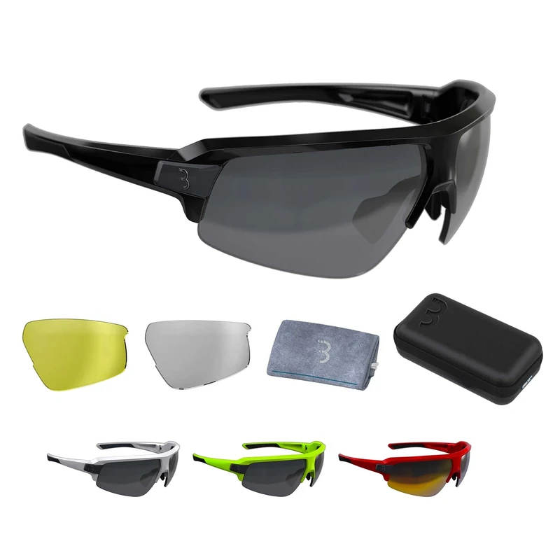 BBB Cycling Sports Glasses with 3 Interchangeable Lenses Lightweight Sunglasses UV Protection Half Frame for Bike Riding Men Women - Glossy Black - Impulse BSG-62