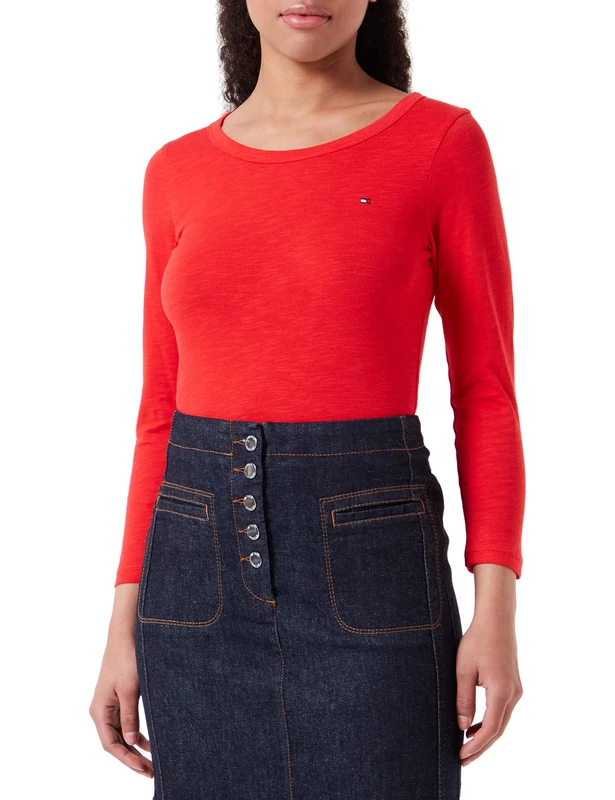 Tommy Hilfiger Women 1985 Slim Slub Long-Sleeve T-Shirt Basic, Red (Fireworks), L