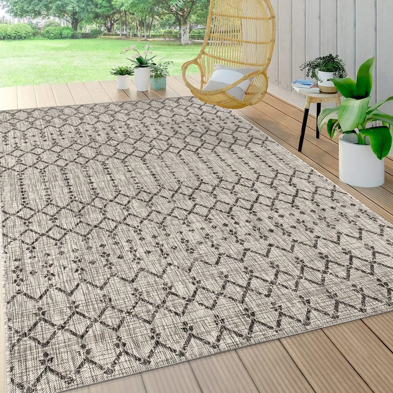 JONATHAN Y SMB108E-8 Ourika Moroccan Geometric Textured Weave Indoor Outdoor Area Rug, Bohemian, Sc&inavian Easy Clean, Bedroom, Kitchen, Backyard, Patio, Non Shed, Light Gray/Black, 240 cm X 300 cm