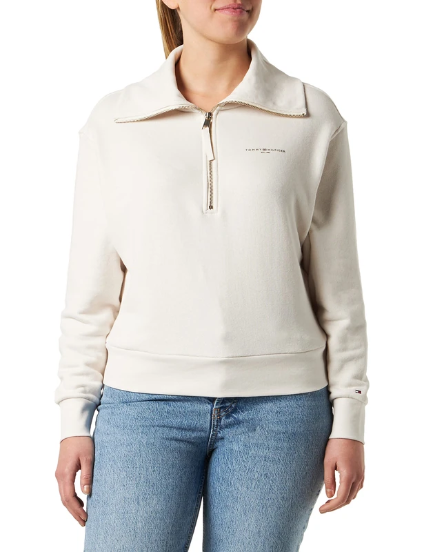Tommy Hilfiger Women 1985 Sweatshirt with Half-Zip, Beige (Weathered White), S - Image 1