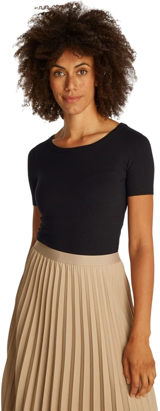 Tommy Hilfiger Women’s Short Sleeve Ribbed 5X2 Slim Fit T-Shirt, Black (Black), M