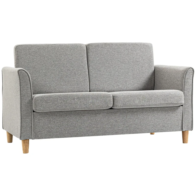 HOMCOM 2 Seater Sofa, Compact Loveseat, Linen Upholstered Couch with Wood Legs and Armrest, Small Sofa for Living Room and Home Office Light Grey