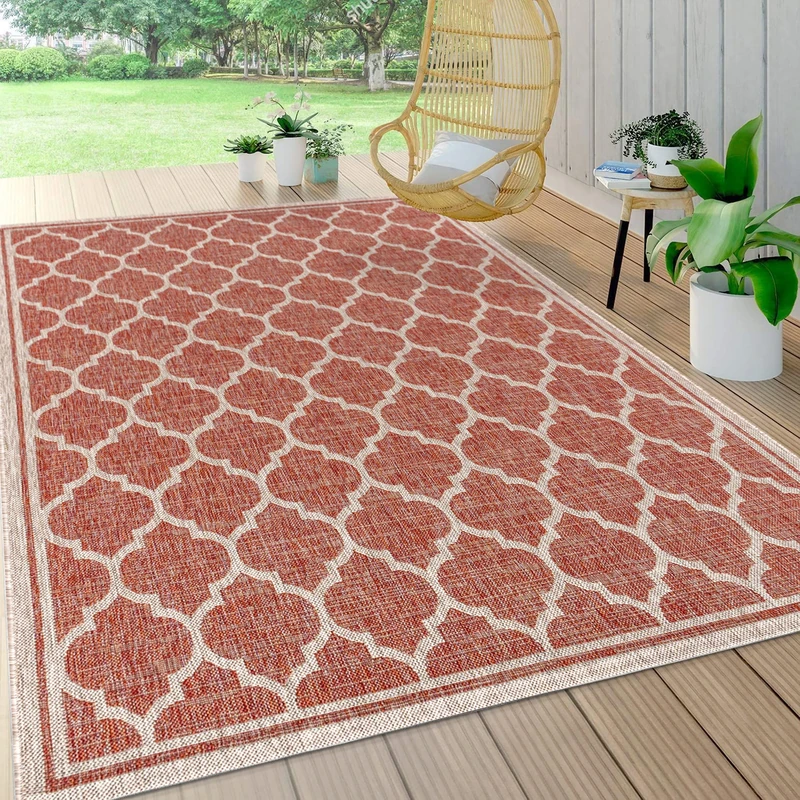 JONATHAN Y SMB109C-5 Trebol Moroccan Trellis Textured Weave Indoor Outdoor Area Rug, Modern, Coastal, Bohemian Easy Cleaning, Non Shedding, Red/Beige, 150 cm X 240 cm