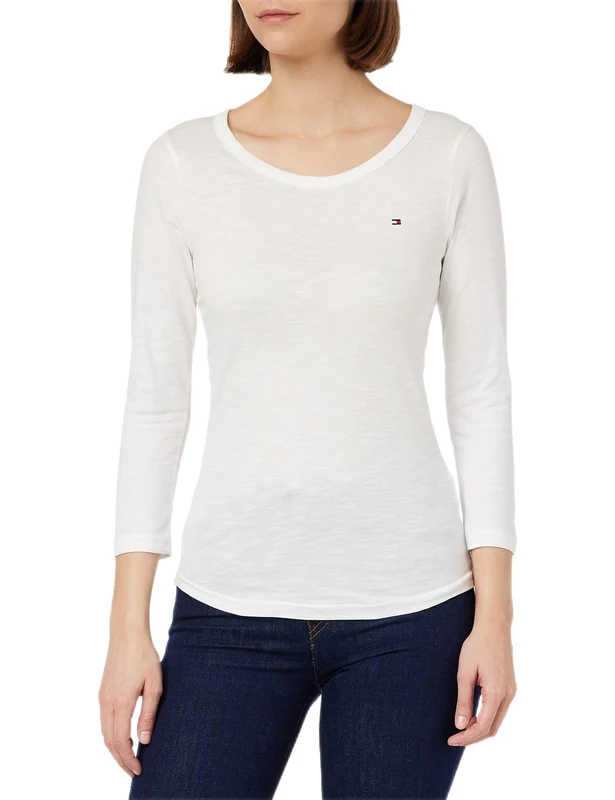 Tommy Hilfiger Women 1985 Slim Slub Long-Sleeve T-Shirt Basic, White (Ecru), XL