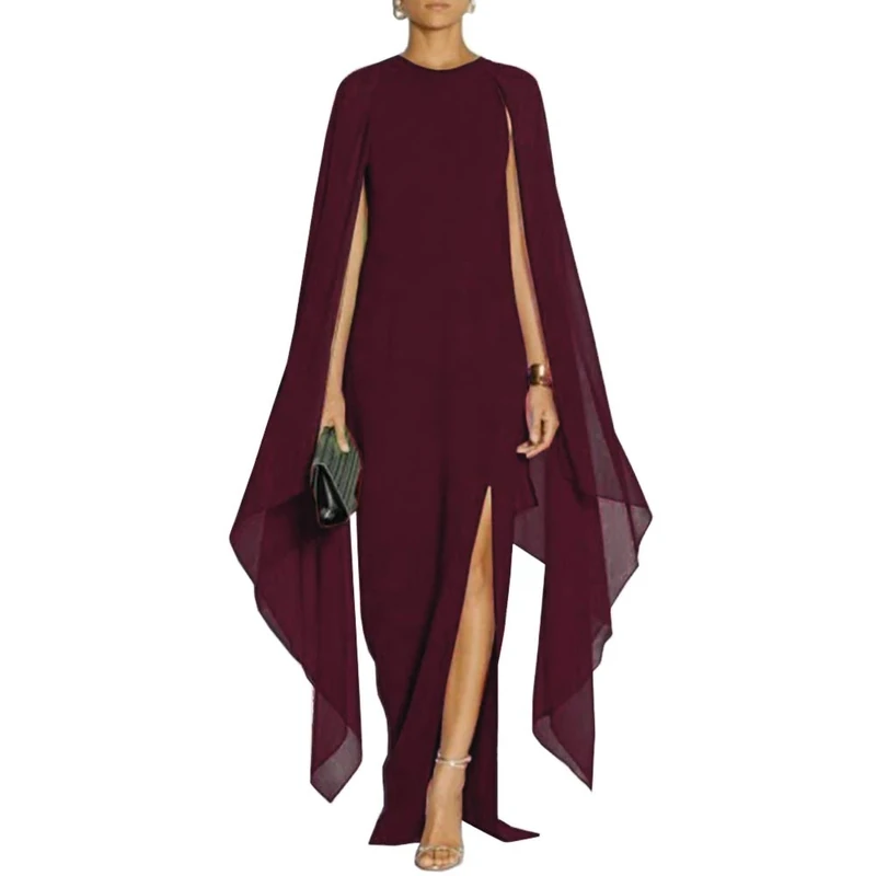 MAYFASEY Women's Elegant High Split Flare Sleeve Formal Evening Gowns Maxi Dress with Cape, Wine Red, XL