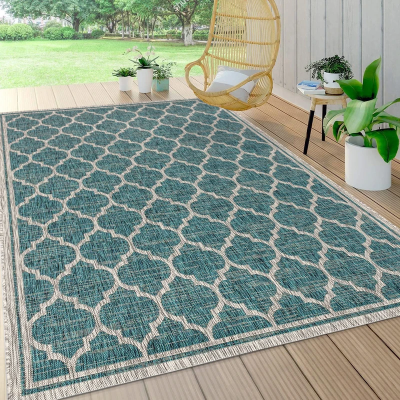 JONATHAN Y SMB109E-8 Trebol Moroccan Trellis Textured Weave Indoor Outdoor Area Rug, Modern, Coastal, Bohemian Easy Cleaning, Non Shedding, Teal/Gray, 240 cm X 300 cm