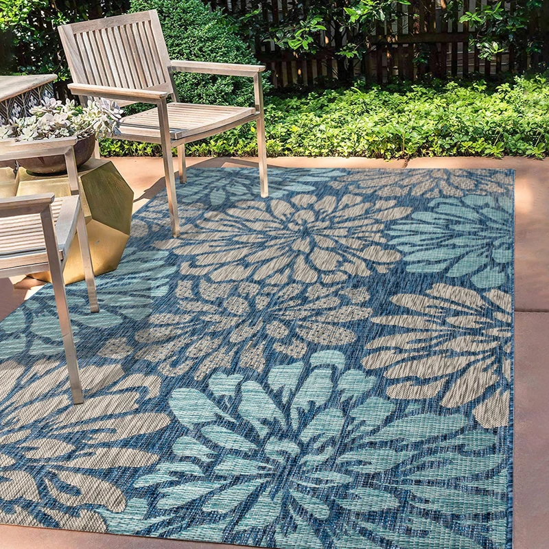 JONATHAN Y SMB110C-8 Zinnia Modern Floral Textured Weave Indoor Outdoor Area Rug, Bohemian, Coastal, Mediterranean Easy Cleaning, Non Shed, Navy/Aqua, 240 cm X 300 cm