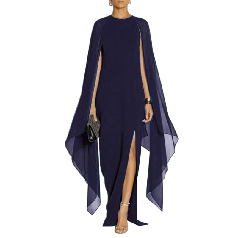 MAYFASEY Women's Elegant High Split Flare Sleeve Formal Evening Gowns Maxi Dress with Cape, Navy, L