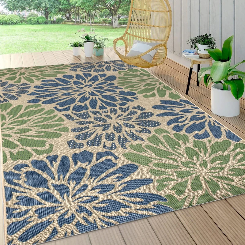 JONATHAN Y SMB110B-8 Zinnia Modern Floral Textured Weave Indoor Outdoor Area Rug, Bohemian, Coastal, Mediterranean Easy Cleaning, Non Shed, Navy/Green, 240 cm X 300 cm