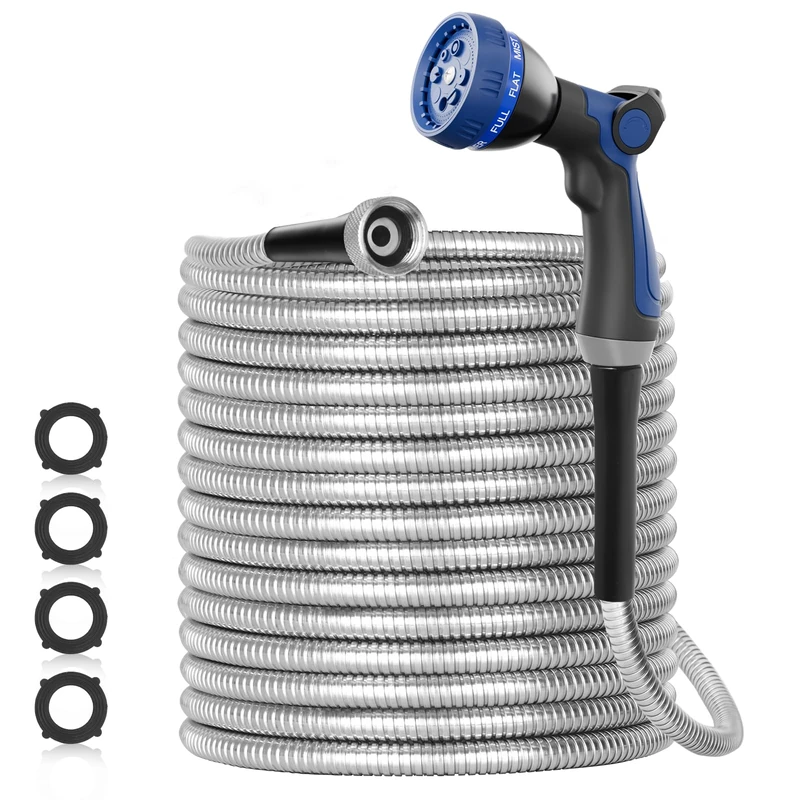SPECILITE 100ft 304 Stainless Steel Garden Hose Metal, Heavy Duty Water Hoses with 2 Nozzles for Yard, Outdoor - Flexible, Never Kink & Tangle, Puncture Resistant