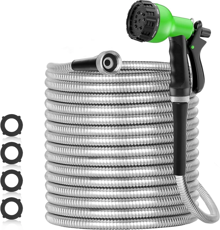 SPECILITE 75ft 304 Stainless Steel Garden Hose Metal, Heavy Duty Water Hoses with Nozzles for Yard, Outdoor - Flexible, Never Kink & Tangle, Puncture Resistant