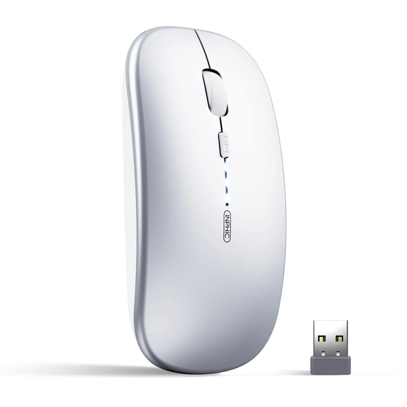 Bluetooth Mouse, Inphic Tri-Mode Slim Silent Rechargeable Bluetooth Wireless Mouse (Bluetooth 5.0/3.0+ 2.4G Receiver), 1600DPI Portable Mouse for Laptop PC Computer Tablets MacBook iPadOS, Silver