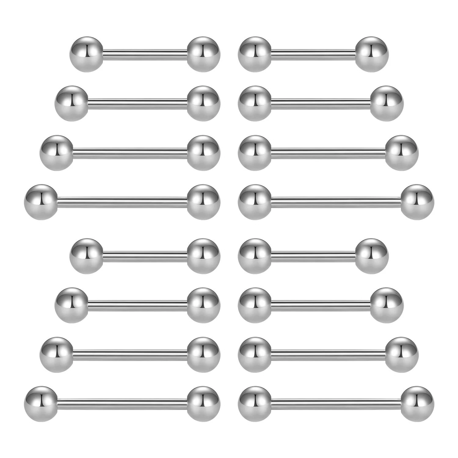 LAURITAMI 16pcs Tongue Bars 14G 12-18mm Straight Barbell Surgical Steel Tongue Nipple Ring Piercing Jewellery Women Men