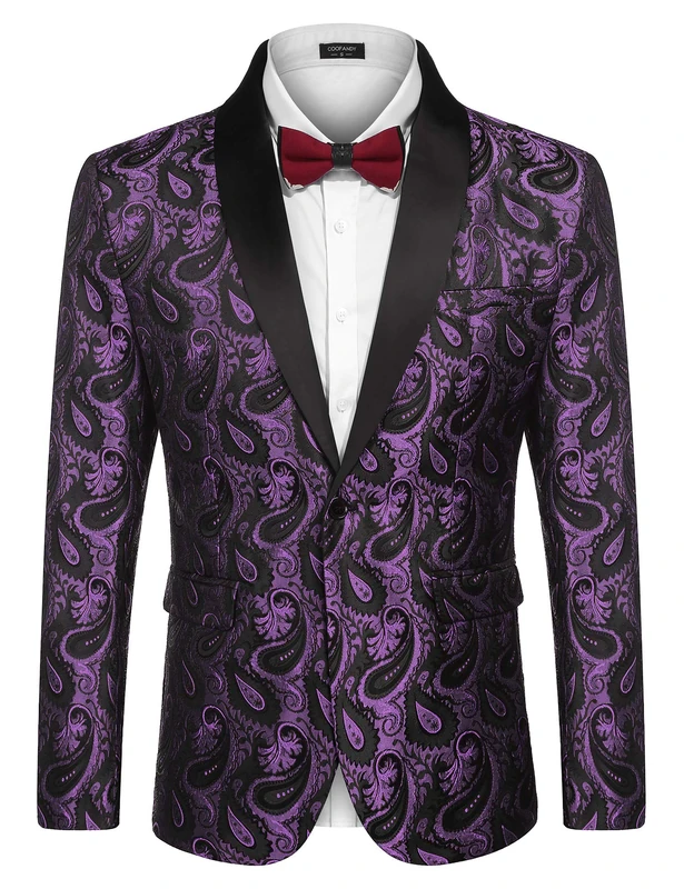 COOFANDY Mens Floral Tuxedo Jacket Paisley Shawl Lapel Suit Blazer Jacket for Dinner,Prom,Wedding, Purple, S