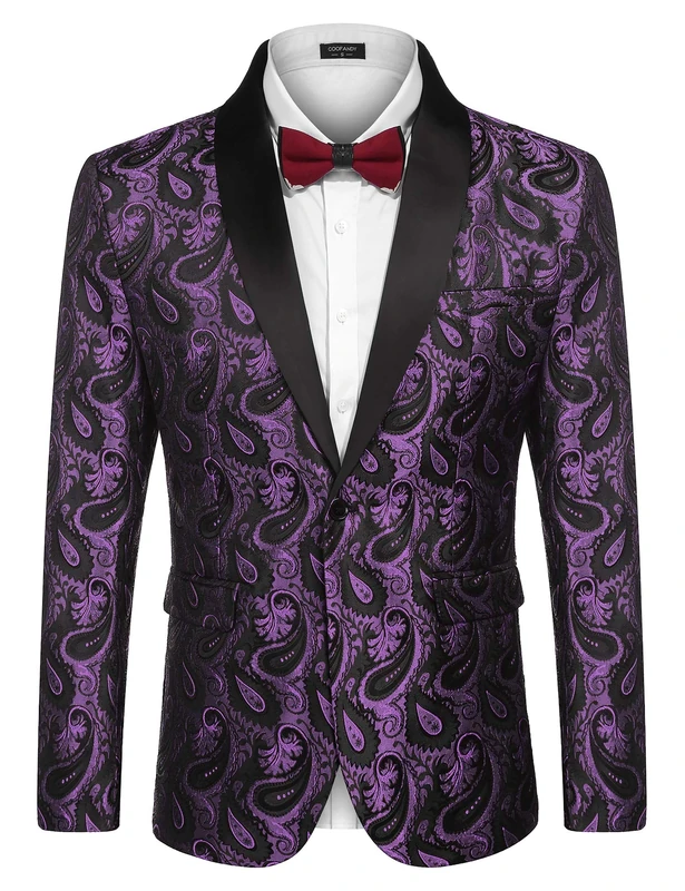 COOFANDY Men's Floral Tuxedo Dinner Jacket Regular Fit Shawl Lapel Paisley Prom Party Suit Jackets Purple
