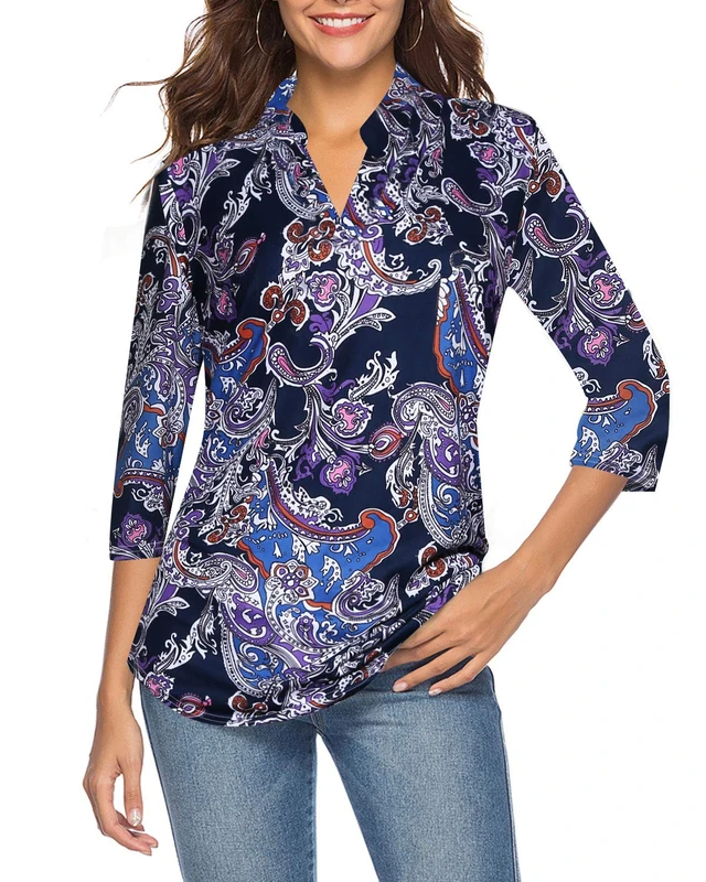 CEASIKERY Women's 3/4 Sleeve V Neck Tops Casual Tunic Blouse Loose Shirt - Image 1