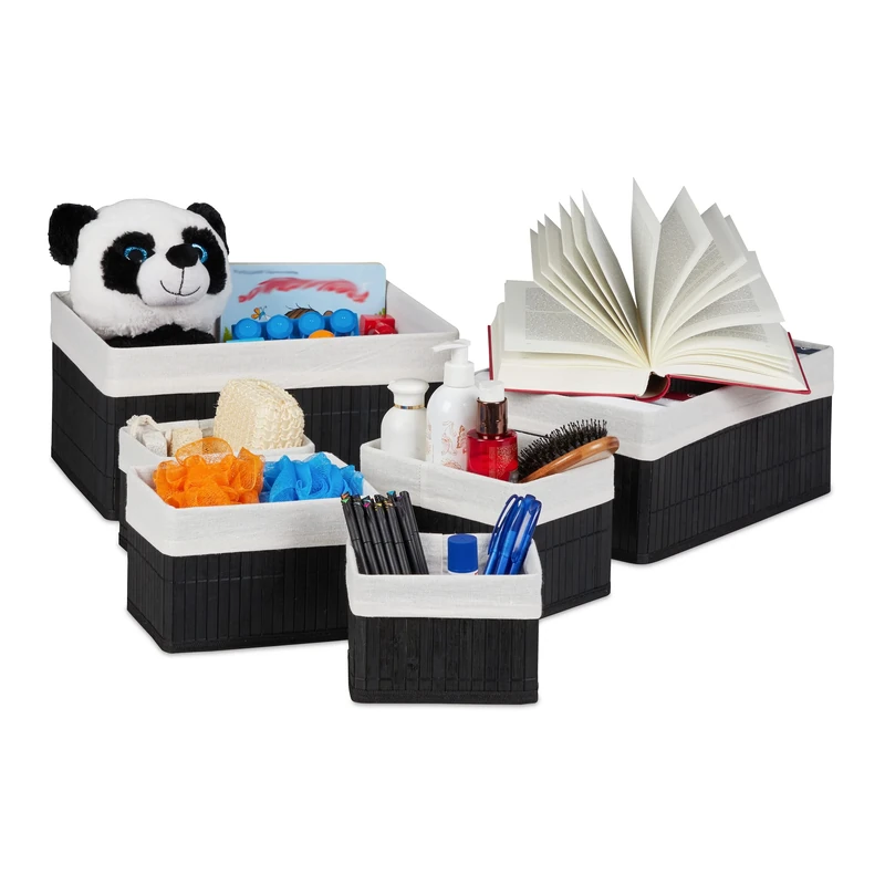 Relaxdays Set of 6 Bamboo Storage Baskets, Various Sizes, Shelves Organiser, Fabric Cover, Square, Decorative, Black, 2.3/6 / 11/15.5 L
