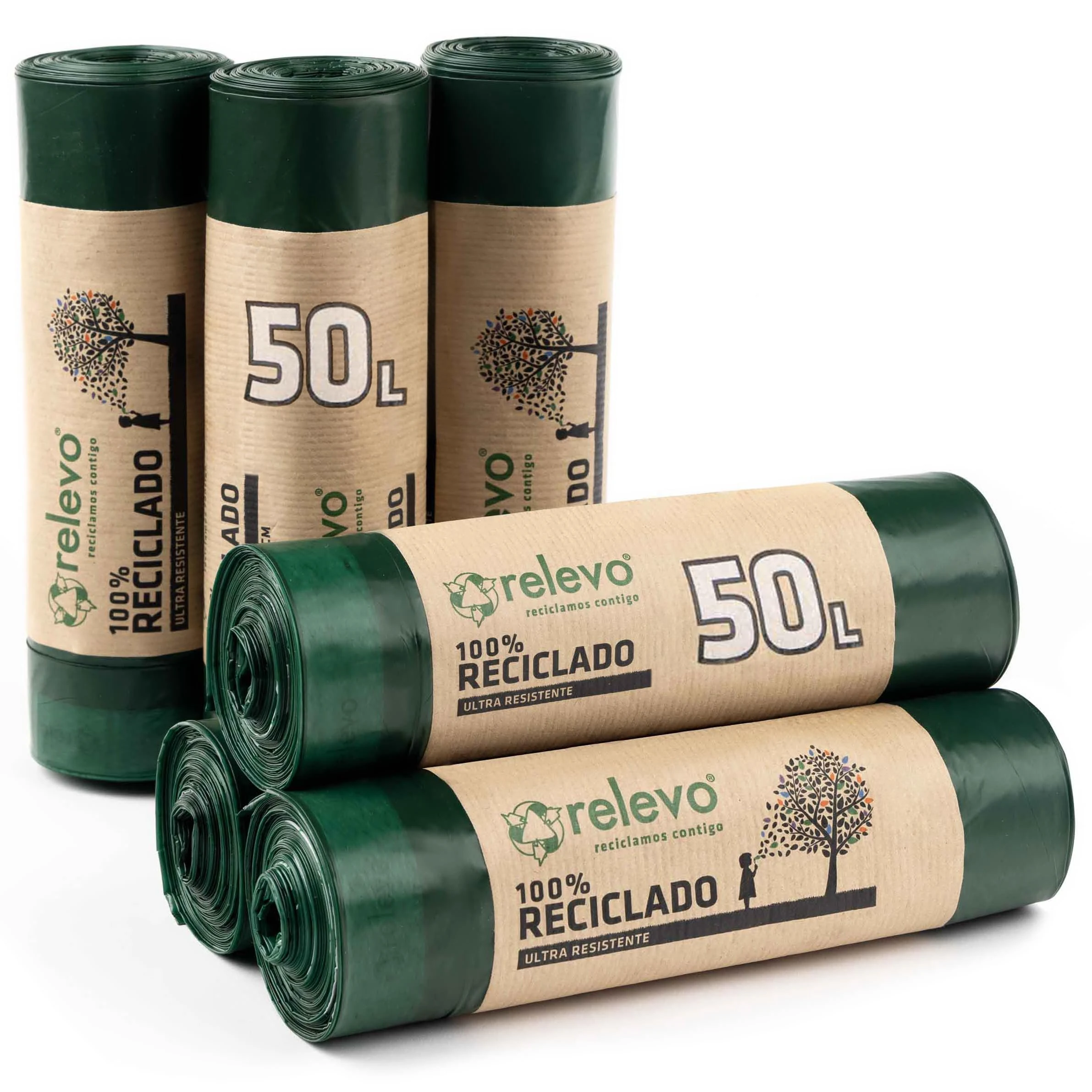 Relevo Bin Bags 50 Litre – Made from 100% Recycled Material. Dimensions: 70 cm x 75 cm. Includes 60 Bin Liners 50L