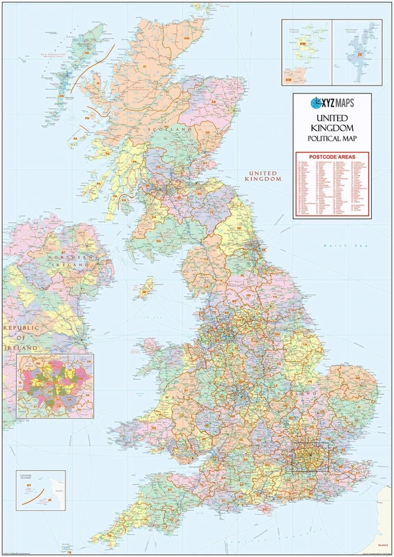 XYZ Maps UK Postcode Areas Wall Map – 100 cm x 141 cm – England, Scotland & Wales – Political Postcode Regions – 120gsm Art Paper – Ideal for Office, Classroom & Planning Use