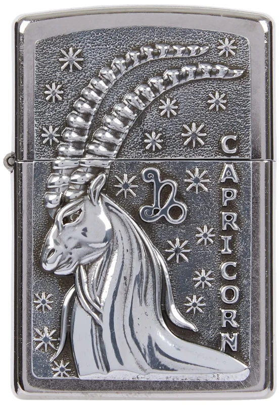 ZIPPO Windproof Lighter Capricorn Emblem Attached Street Chrome Refillable in Quality Gift Box