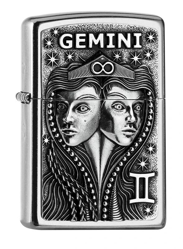 ZIPPO Gemini Emblem Attached Street Chrome Windproof Lighter Refillable in Quality Gift Box