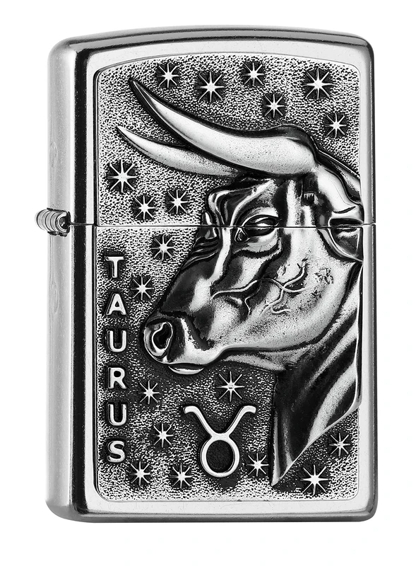 Zippo Windproof Lighter - Zodiac Taurus, Street Chrome, Emblem - Refillable - Reusable - Windproof Design - Gift Box - Made in USA