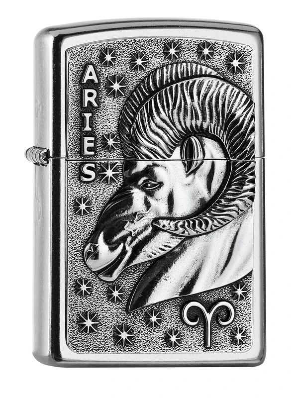 Zippo Windproof Lighter - Zodiac Aries, Street Chrome, Emblem - Refillable - Reusable - Windproof Design - Gift Box - Made in USA