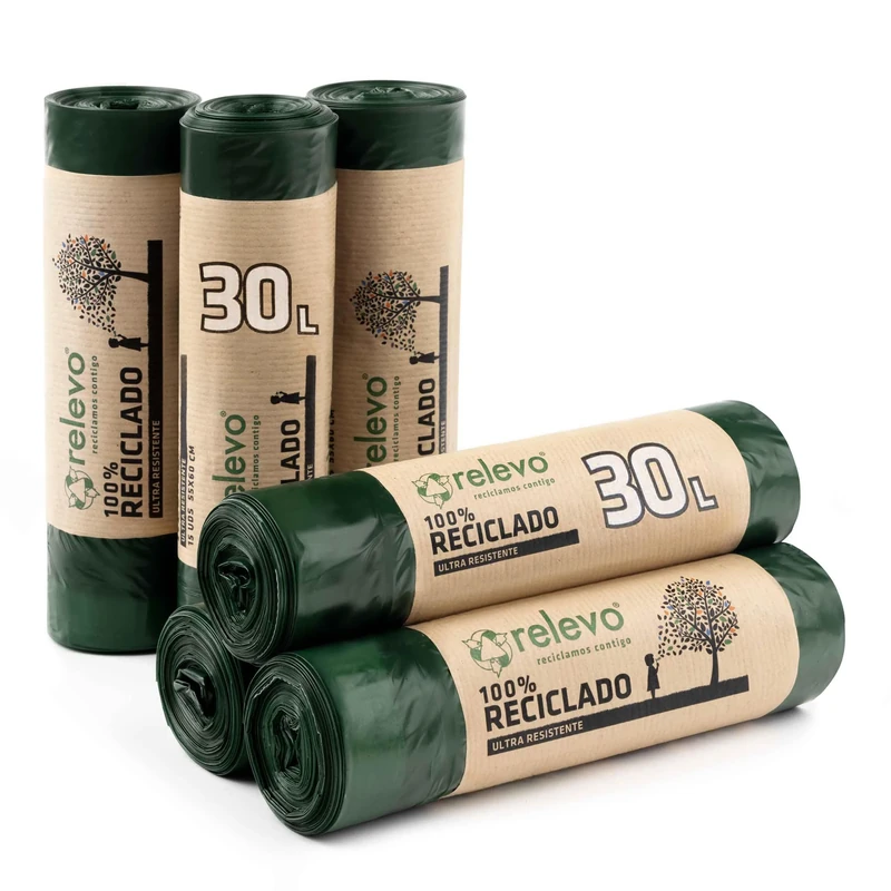 Relevo 30 Litre Bin Bags – Made from 100% Recycled Material. Green Bin Bags 30L – 55 cm x 60 cm. Includes 90 units of 30L Bin Liners with Drawstrings.