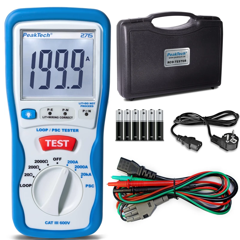 PeakTech P 2715 – PSC Loop Tester with LCD Display, Loop Impedance Tester, Check, Short Circuit, Loop Testing, Multifunctional, Voltage, Measurement, Circuit Fuse, Insulated housing - CAT III 600 V