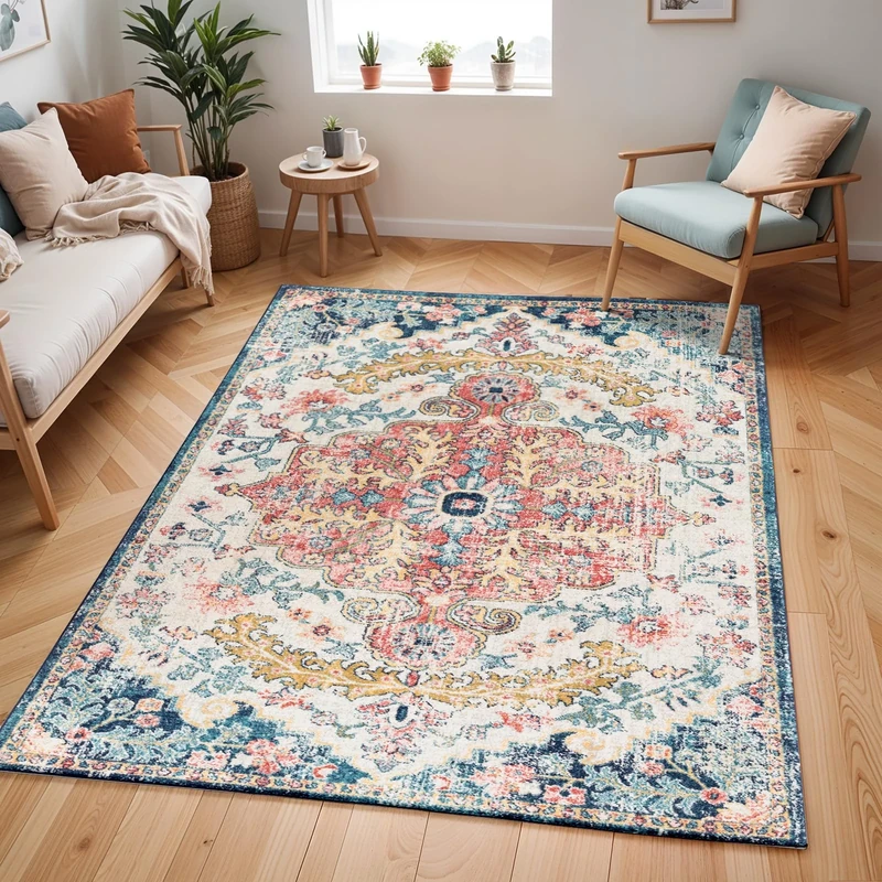 Livabliss Manama Vintage Rug - Area Rugs for Living Room 160x220 cm, Bedroom - Scandi Neutral Rugs, Traditional Patterned Boho Style, Natural Easy Care Pile - Large Rug, Aqua, Ivory, Orange