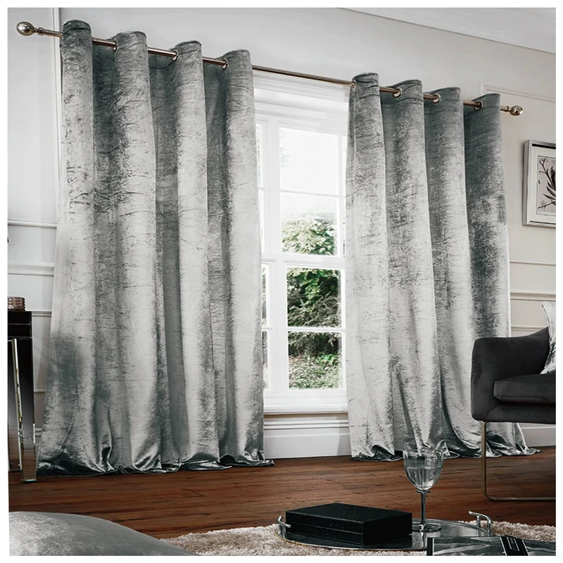 Gaveno Cavailia Crushed Velvet Eyelet Curtains Grey, 100% Polyester Luxury Ring Top Drapery with Matching Tie Backs, Two 90"x90" Glamorous Panels, Easy Care Window Treatment, 90x90 Inches