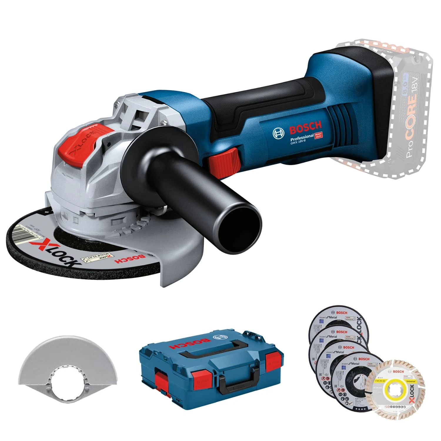 Bosch Professional 18V System GWX 18V-8 Angle Grinder (125 mm disc Diameter, with X-Lock Holder, incl. 5-Piece Cutting and Grinding disc Set, in L-BOXX 136) - Amazon Exclusive Set