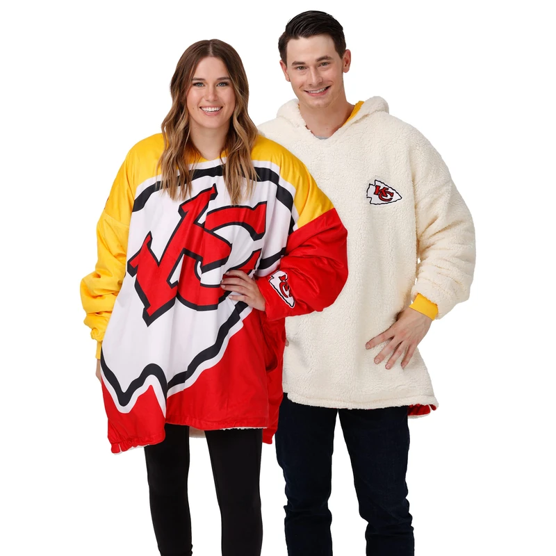 FOCO Unisex's NFL Team Logo Reversible Oversized Sherpa Hoodie Sweatshirt Hoodeez Kansas City Chiefs Colorblock, One Size