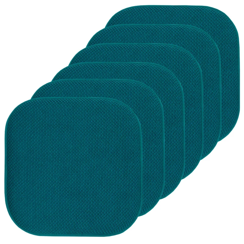 Sweet Home Collection Chair Cushion Memory Foam Pads Honeycomb Pattern Slip Non Skid Rubber Back Rounded Square 16" x 16" Seat Cover, Peacock Blue - 6 Pack