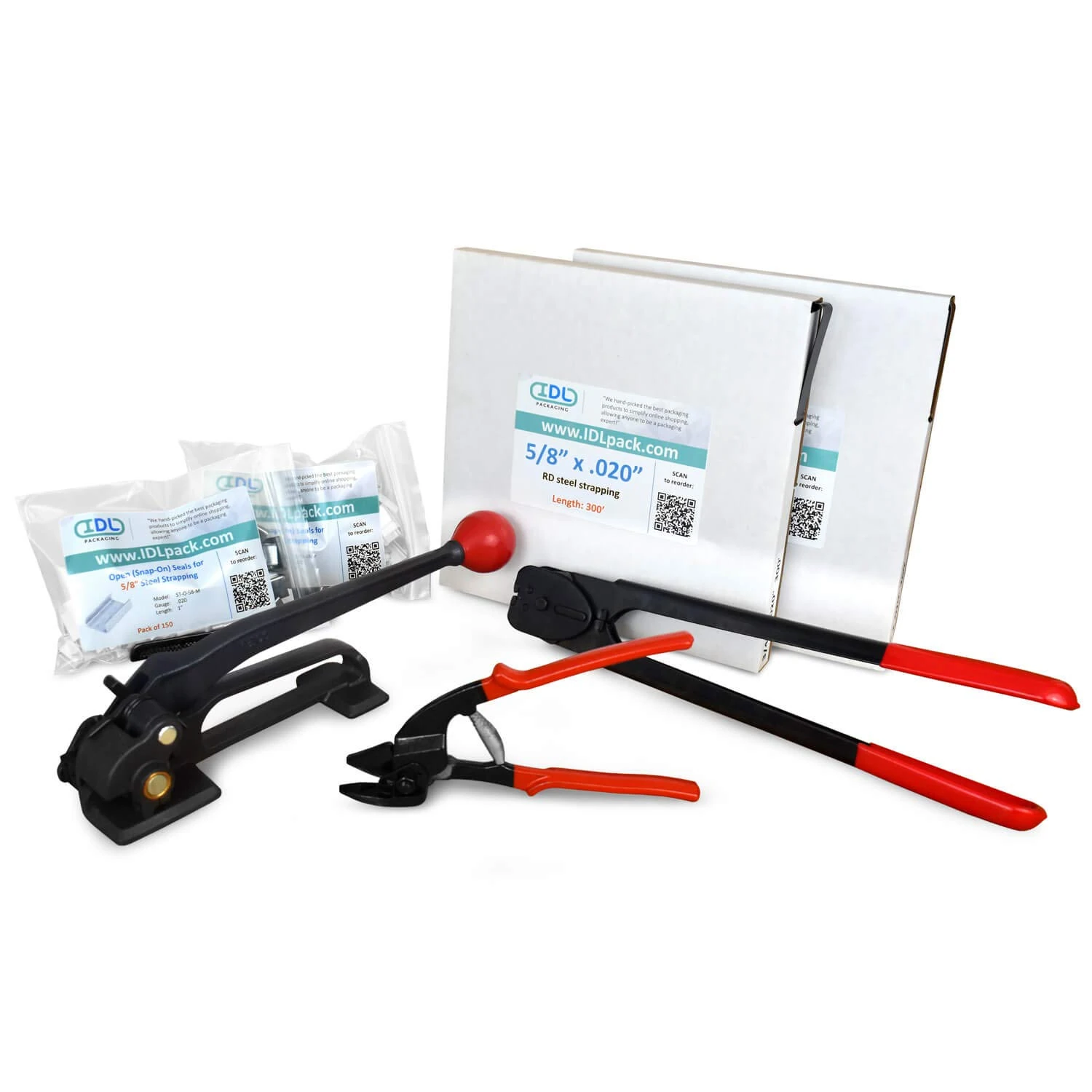 IDL Packaging 5/8" x 500 ft. Steel Strapping Kit, 1400 lbs. Break Strength - Include Consumables for up to 250 Strapping Cycles