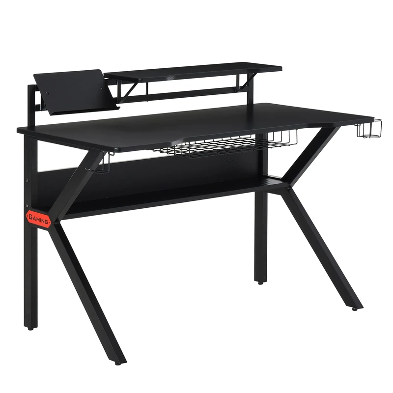 HOMCOM Gaming Desk, Computer Table with Monitor Stand, Cup Holder, Headphone Hook, Wire Basket and Metal Frame, 120cm, Black