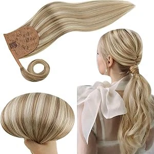 RUNATURE Real Hair Ponytail Extension Blonde Highlighted Ash Brown Ponytail Human Hair Extensions Clip in Ponytail Hair Extensions Straight 14 Inch 70 Gram