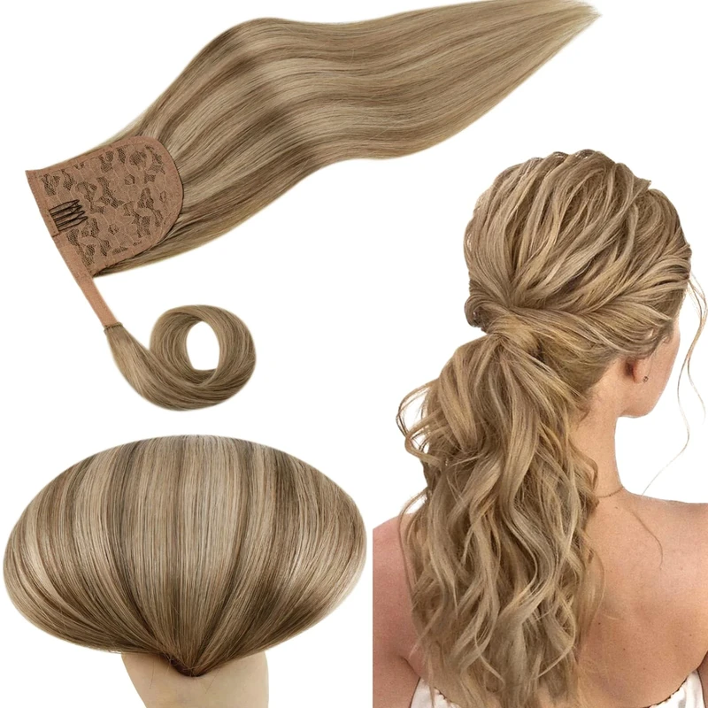 RUNATURE Ponytail Extension Real Hair Dark Blonde Highlight Caramel Blonde Ponytail Hair Extension Real Human Hair Blonde Clip in Ponytail Hair Extensions 14 Inch 70 Gram