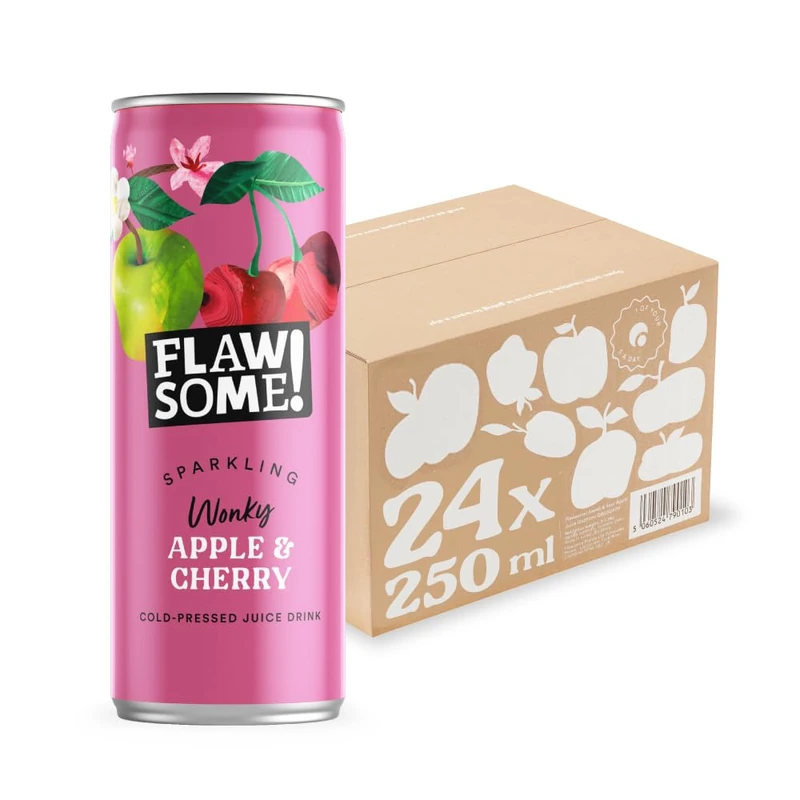 Flawsome! Lightly Sparkling Apple & Cherry Juice – No Added Sugar, 100% Cold-Pressed Wonky Fruit, Guilt-Free Fizzy Drink – Perfect for Refreshment or as a Mixer (24 x 250ml)