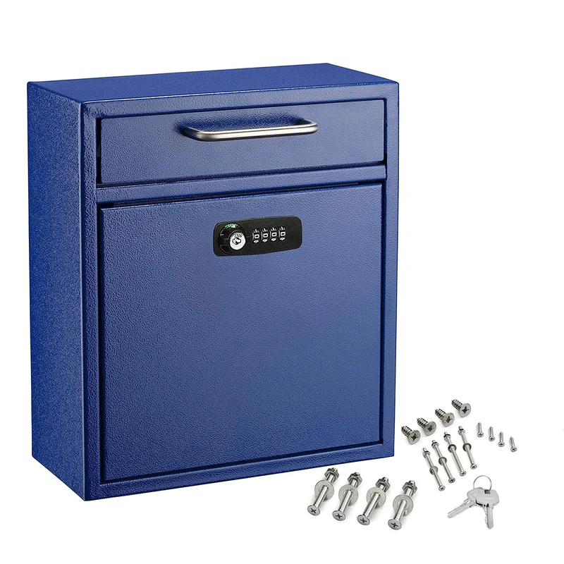AdirOffice Ultimate Drop Box Wall-Mounted Mailbox - Hanging Secured Postbox - Durable Spacious Key or Combination Lock Box Perfect for After Hours Deposits Payments Key and Letter Drops (Medium, Blue)