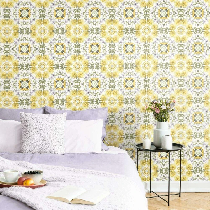 RoomMates RMK11459RL Cottage Garden Kaleidoscope Yellow, Green and White Peel and Stick Wallpaper