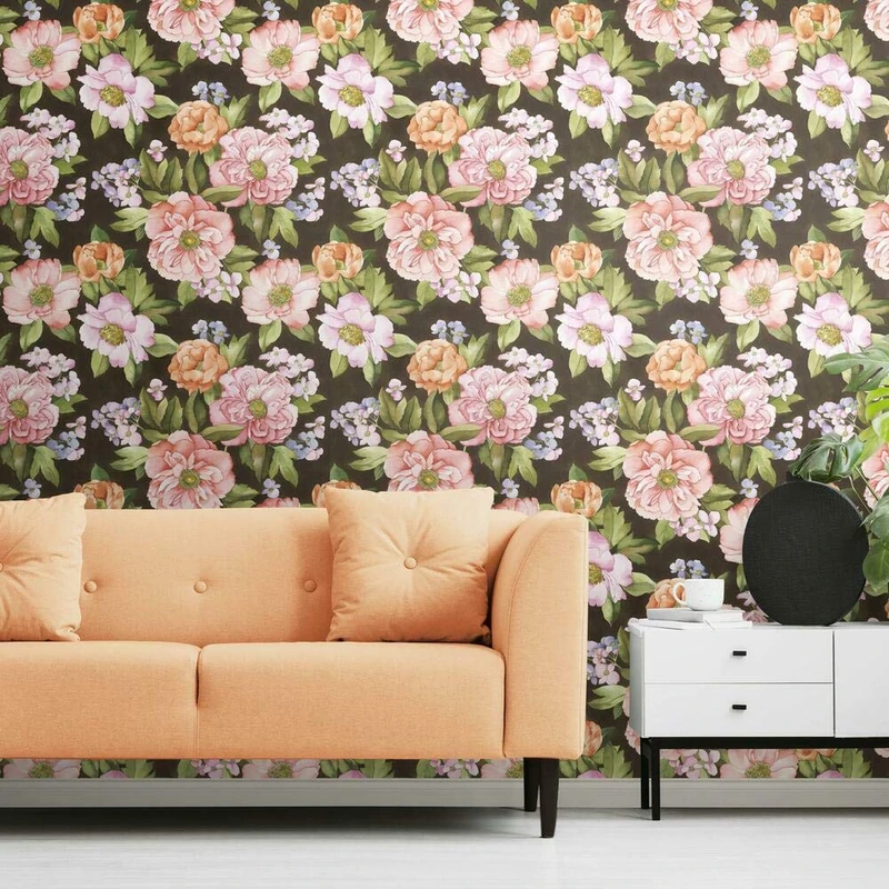 RoomMates RMK11447RL Watercolor Floral Bouquet Peel and Stick Wallpaper, Black/Orange, Roll